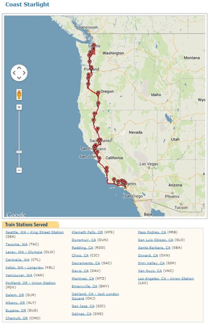 What stops does the Coast Starlight make